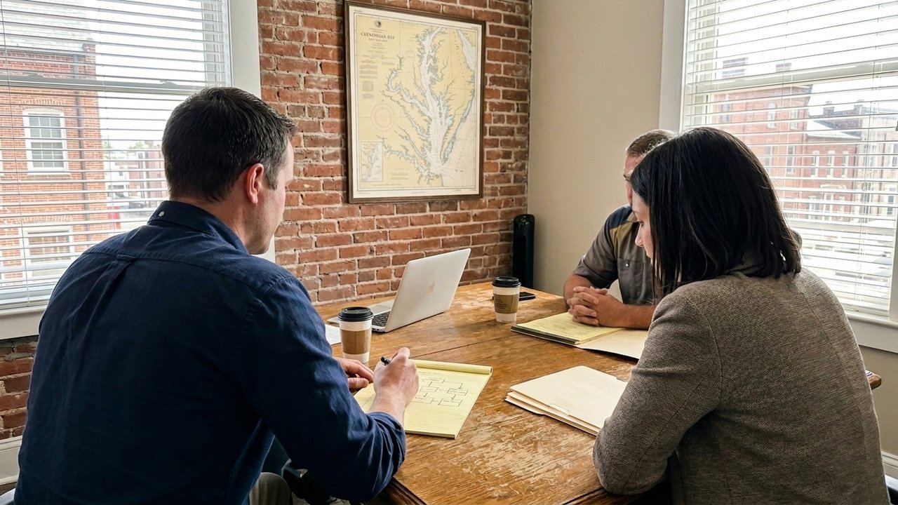 Candid on-site consulting walkthrough with John and Mara sketching a workflow on a yellow legal pad at a conference table with a small-business owner